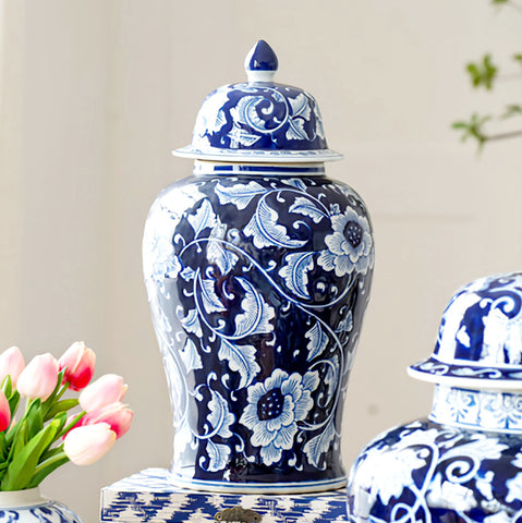 Blue & White Ceramic Trellis Decorative Temple Jar