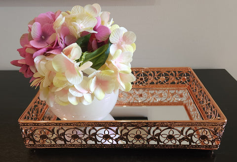 Rose Gold Rectangle Ornate Mirror Tray- 30cm x 20cm