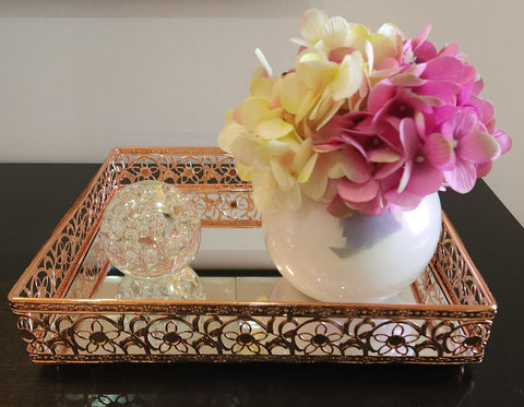 Rose Gold Rectangle Ornate Mirror Tray- 30cm x 25cm