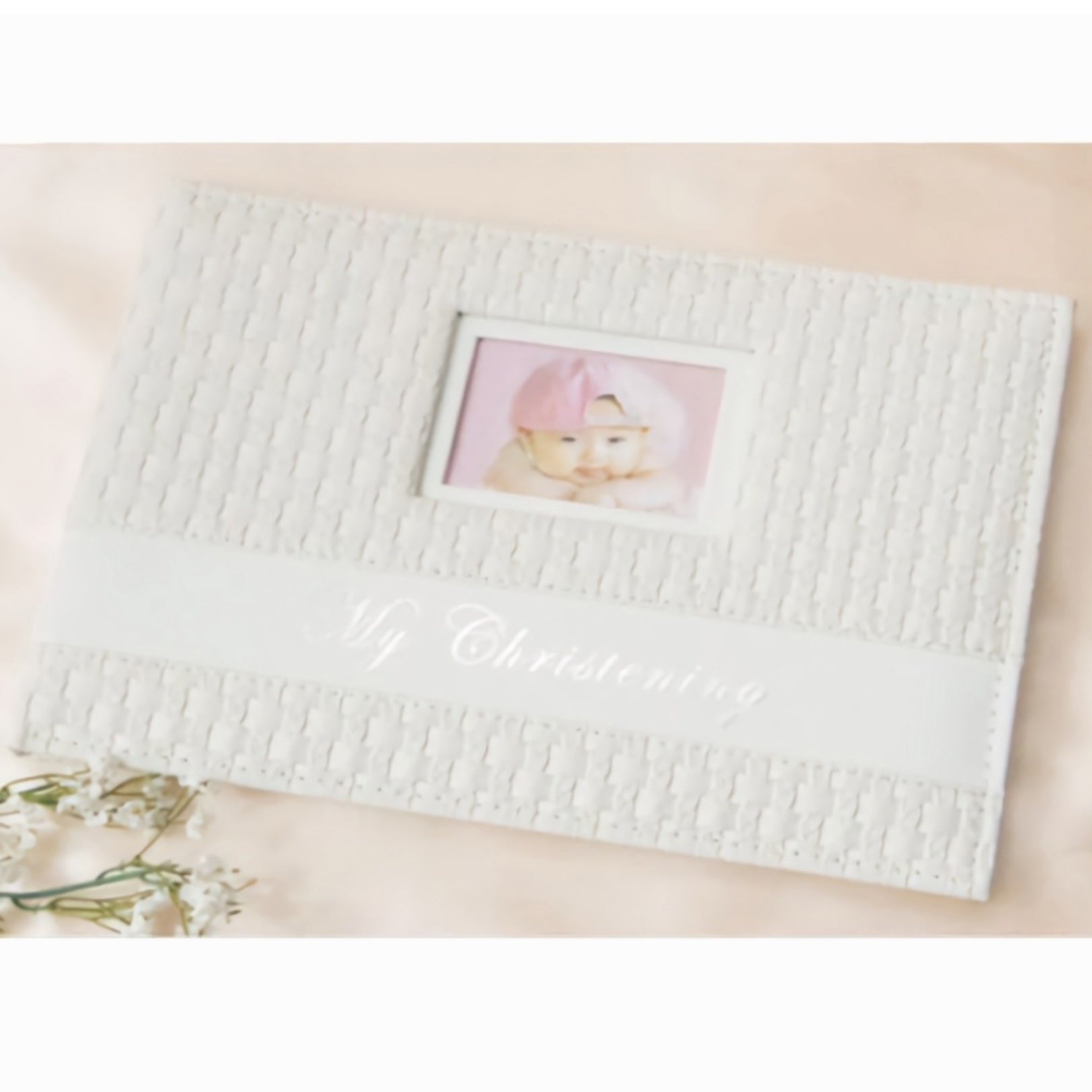 White Rattan Leather My Christening Guest Book