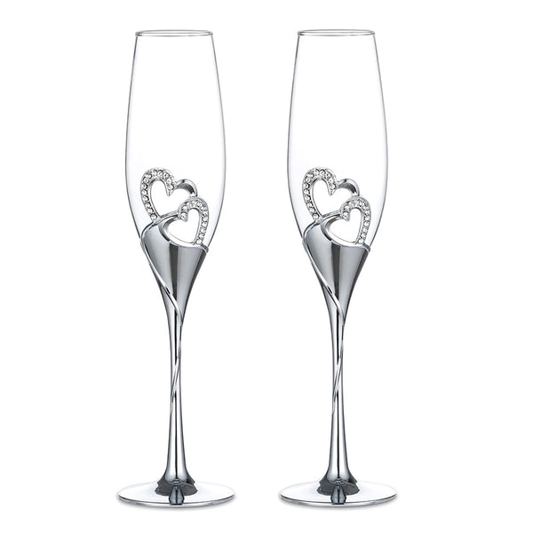 Set of 2 wedding engagement glass Toasting Champagne Flutes with Crystal Diamantes Double Hearts and silver stem on gift box