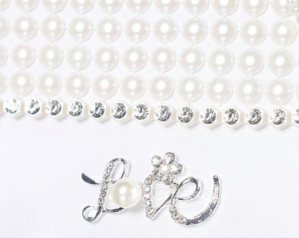 White Pearl Wedding Guest Book With Gold Hearts & Love White Wedding Satin Cover Guest Book with Pearls & Love Hearts on Cover signing album