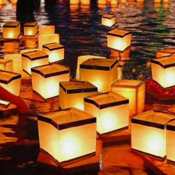 Set of 10 Gold & White Square Chinese Floating Paper Water Candle Holders Lanterns memorial celebration wedding engagement party 