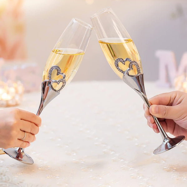 Set of 2 wedding engagement glass Toasting Champagne Flutes with Crystal Diamante Double Hearts and silver stem on gift box