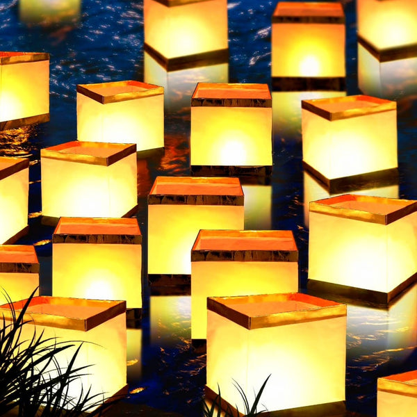 Set of 10 Gold & White Square Chinese Floating Paper Water Candle Holders Lanterns memorial celebration wedding engagement party 