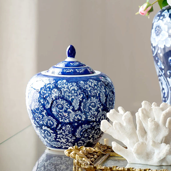 Blue & White Ceramic Blossom Decorative Ginger Jar