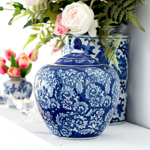 Blue & White Ceramic Blossom Decorative Ginger Jar