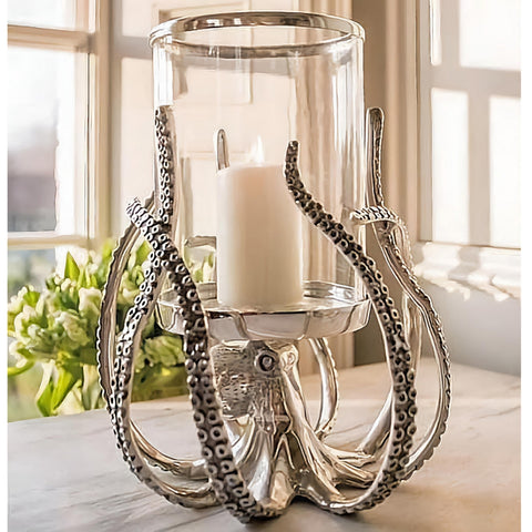 Silver and Glass Hurricane Octopus pillar candle holder Lantern home decor