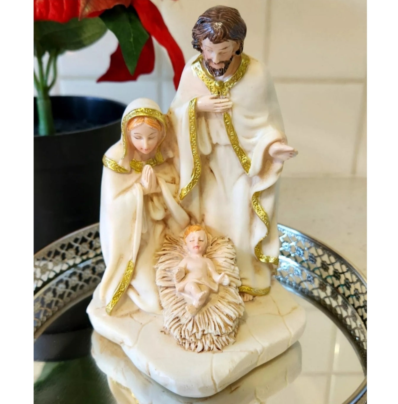 Christmas The Holy Family Nativity Statue with Gold Trim Detail