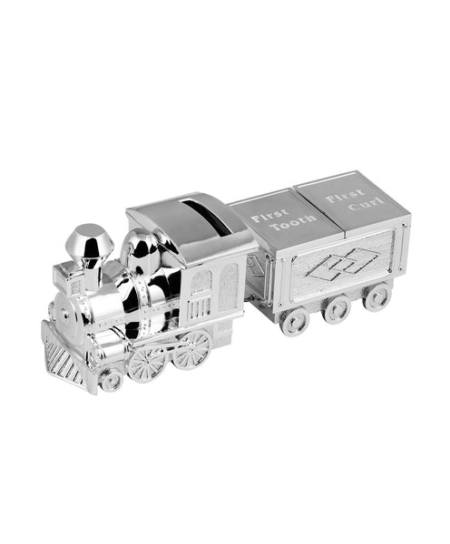 Shiny Silver Plated Money Box Train with First Tooth & First Curl Carriage Baby Keepsake