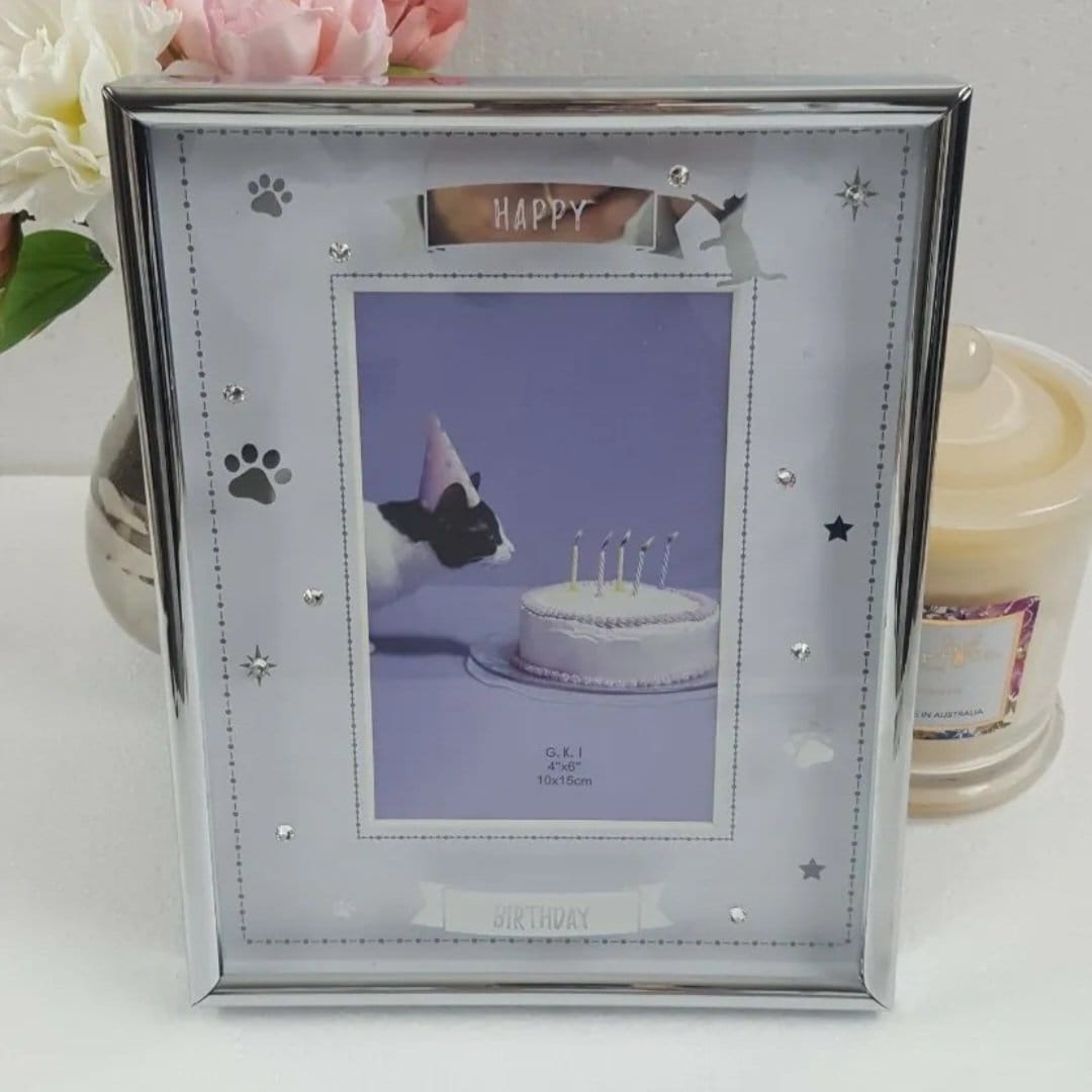 Silver Happy Birthday Cat Photo Frame & Trim Border