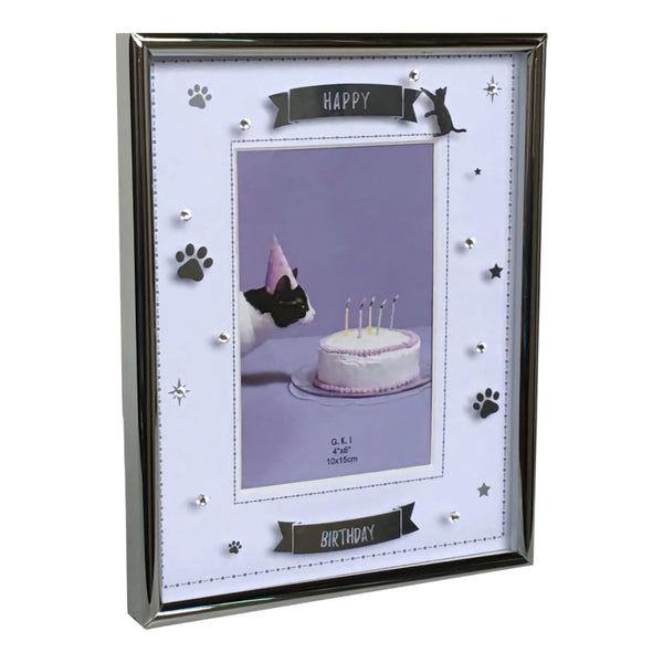 Silver Happy Birthday Cat Photo Frame & Trim Border