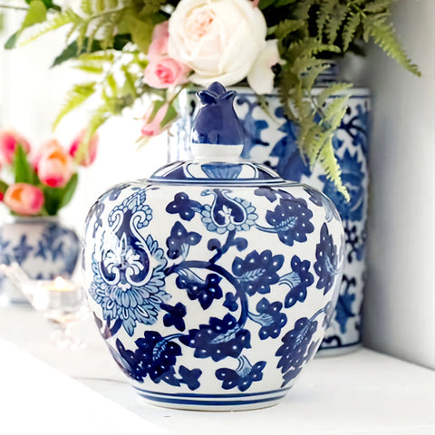 Blue & White Ceramic Posy Decorative Ginger Jar