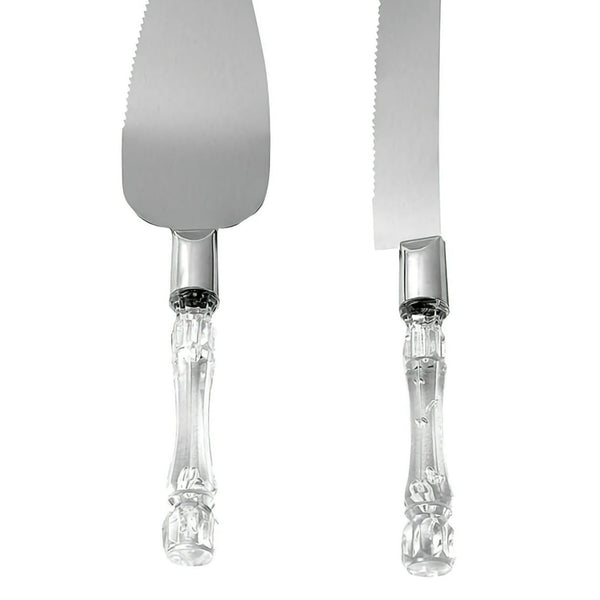 Wedding Bridal engagement Cake Server Knife Set stainless Steel blades and acrylic Clear Handle Gift Box