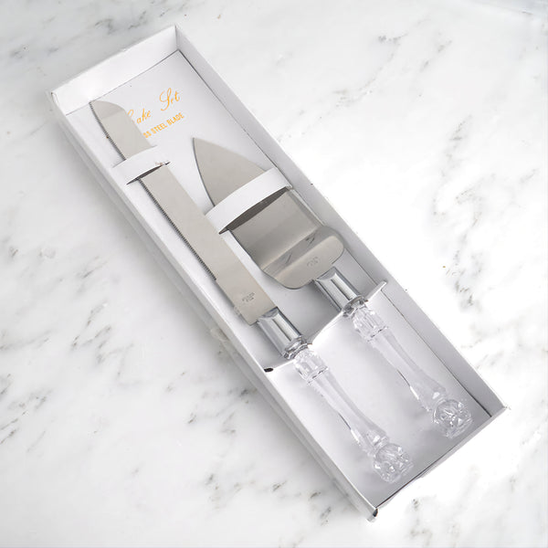 Wedding Bridal engagement Cake Server Knife Set stainless Steel blades and acrylic Clear Handle Gift Box