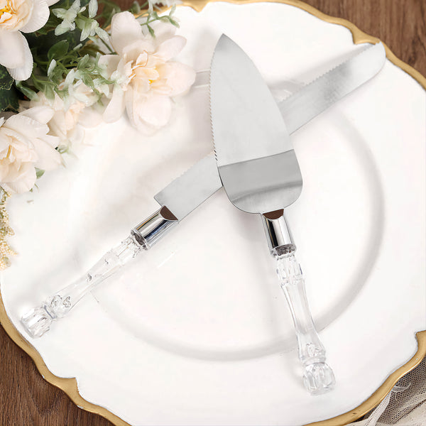 Wedding Bridal engagement Cake Server Knife Set stainless Steel blades and acrylic Clear Handle Gift Box