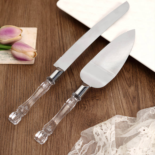 Wedding Bridal engagement Cake Server Knife Set stainless Steel blades and acrylic Clear Handle Gift Box