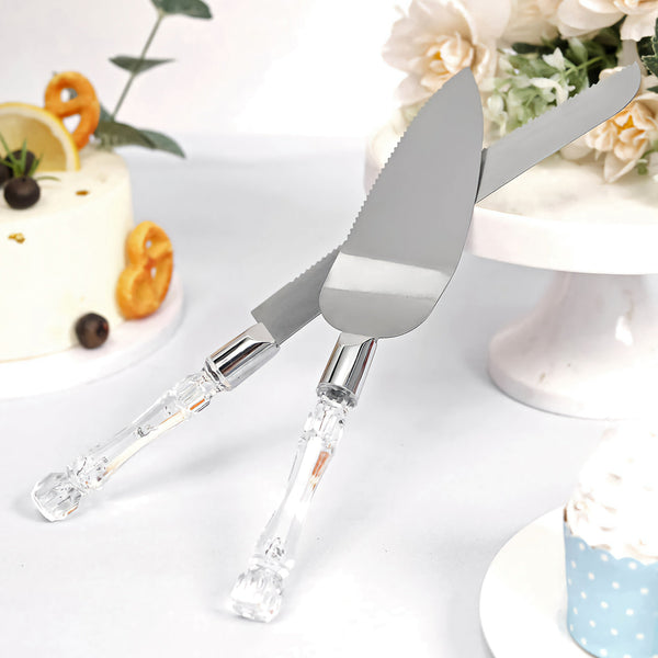 Wedding Bridal engagement Cake Server Knife Set  stainless Steel blades and acrylic Clear Handle Gift Box