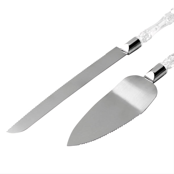 Wedding Bridal engagement Cake Server Knife Set stainless Steel blades and acrylic Clear Handle Gift Box