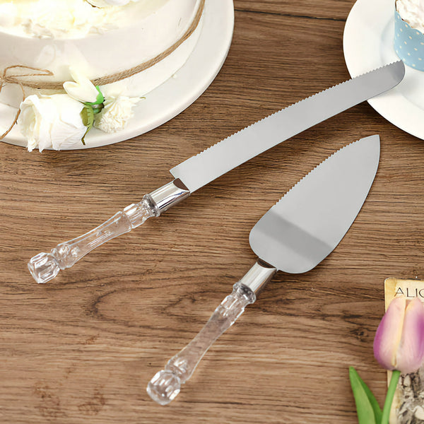 Wedding Bridal engagement Cake Server Knife Set stainless Steel blades and acrylic Clear Handle Gift Box