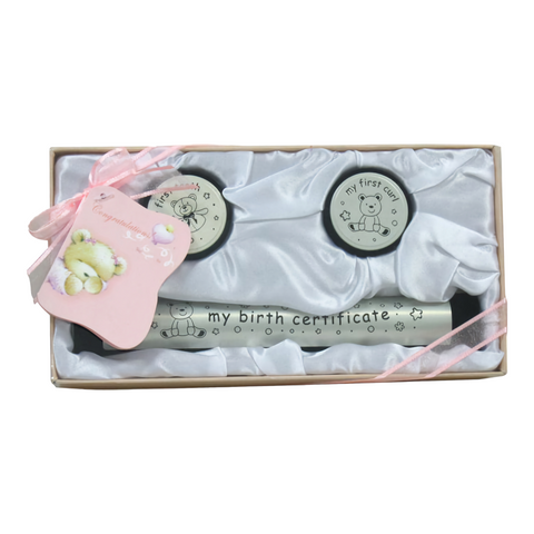 3 Piece Pink My Birth Certificate Holder, My First Tooth & My First Curl Keepsake