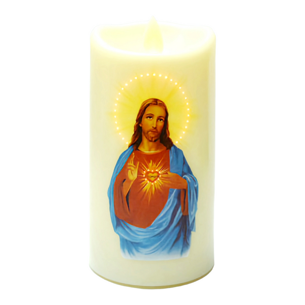 Sacred Heart Jesus Christ Religious LED Light Up Candle Catholic Christian pillar flameless candle with battery and USB Power powered