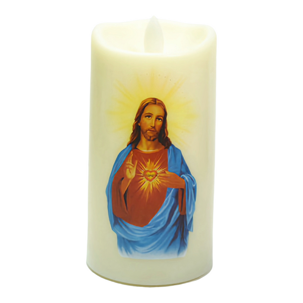 Sacred Heart Jesus Christ Religious LED Light Up Candle Catholic Christian pillar flameless candle with battery and USB Power powered