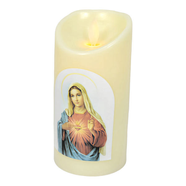 Ivory Sacred Heart Mother Mary Religious LED Light Up Swing Candle Round Ivory Flameless Plastic Swing LED Pillar Candle