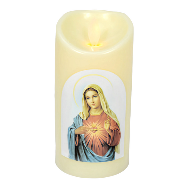 Ivory Sacred Heart Mother Mary Religious LED Light Up Swing Candle Round Ivory Flameless Plastic Swing LED Pillar Candle