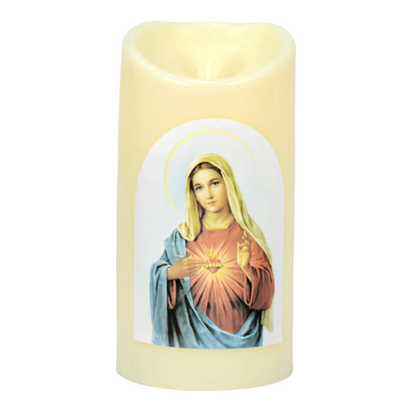 Ivory Sacred Heart Mother Mary Religious LED Light Up Swing Candle Round Ivory Flameless Plastic Swing LED Pillar Candle