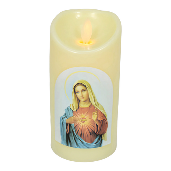 Ivory Sacred Heart Mother Mary Religious LED Light Up Swing Candle Round Ivory Flameless Plastic Swing LED Pillar Candle