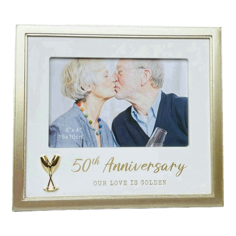 Gold 50th Anniversary Photo Frame & Two Gold Goblets