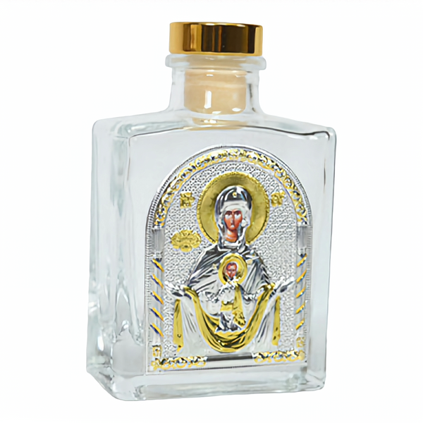 Holy Jesus Christ, Mother Mary, Virgin Mary, Holy Water Bottle, Holy Water, Holy Water Glass Bottle, Holy Water, Holy Oil, Orthodox, Christening, Baptism, Oil Bottle, Christening Favour, Gift, BomboGold Orthodox Holy Mother Mary & Jesus Christ Icon Glass Holy Water & Holy Oil Bottle with Gold Lid