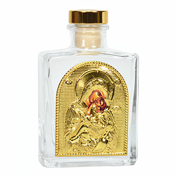 Gold Orthodox Holy Mother Mary & Jesus Christ Icon Glass Holy Water & Holy Oil Bottle with Gold Lid