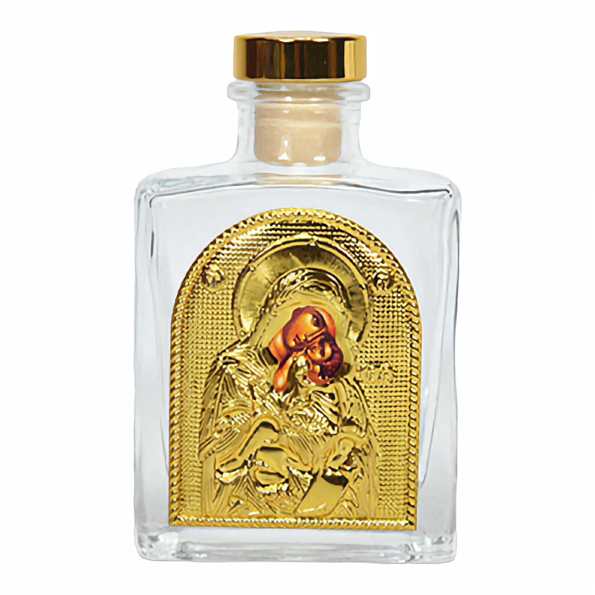 Gold Orthodox Holy Mother Mary & Jesus Christ Icon Glass Holy Water & Holy Oil Bottle with Gold Lid