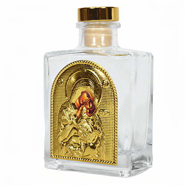 Gold Orthodox Holy Mother Mary & Jesus Christ Icon Glass Holy Water & Holy Oil Bottle with Gold Lid