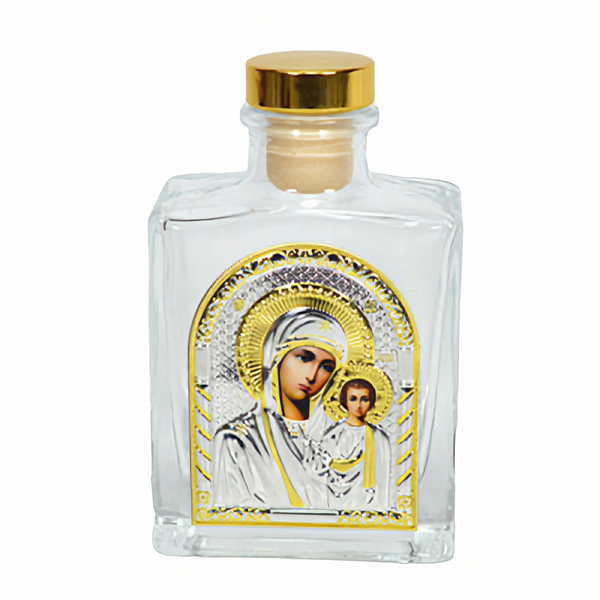 Gold Orthodox Holy Mother Mary & Jesus Christ Icon Glass Holy Water & Holy Oil Bottle with Gold Lid