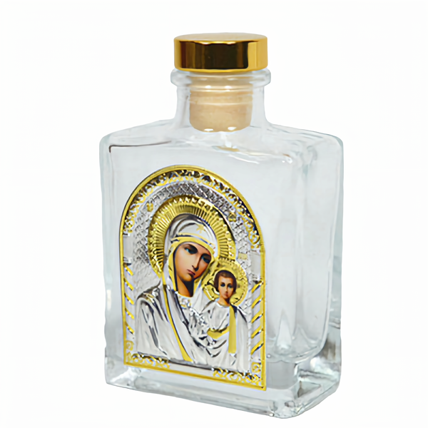 Gold Orthodox Holy Mother Mary & Jesus Christ Icon Glass Holy Water & Holy Oil Bottle with Gold Lid