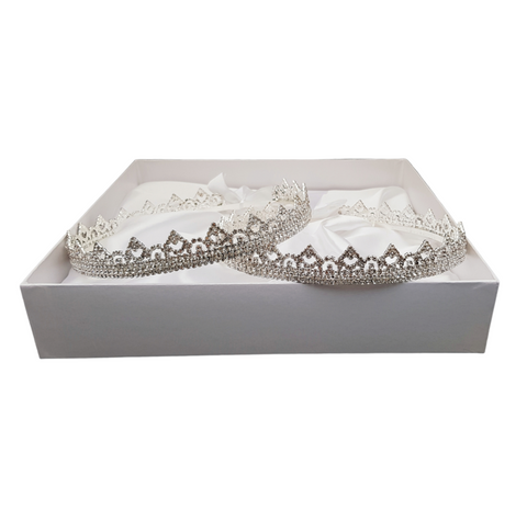 Set 2 Wedding Stefana Crowns with Royal Crystal Diamantes & Ribbons in White Satin Lined Box