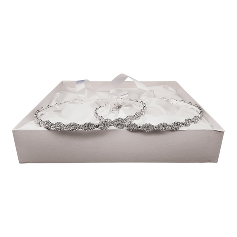 Set 2 Wedding Stefana Crowns with Crystal Diamantes & Ribbons in White Satin Lined Box