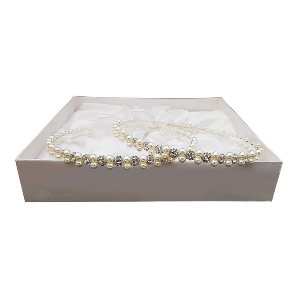 Set 2 Wedding Stefana Crowns with Crystal Diamantes, Pearls & Ribbons in White Satin Lined Box