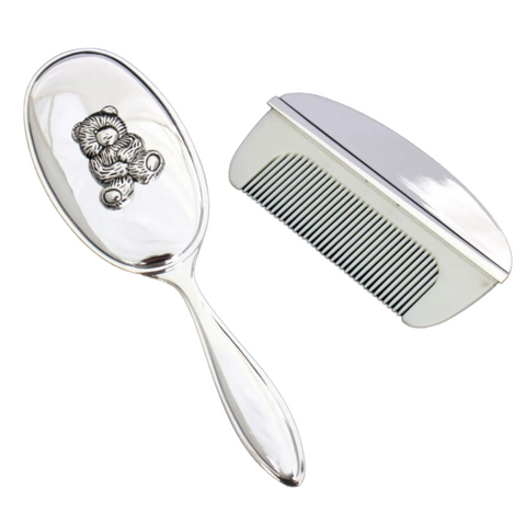 2 Piece Silver Shiny Teddy Bear Design Baby Brush & Comb Gift Set