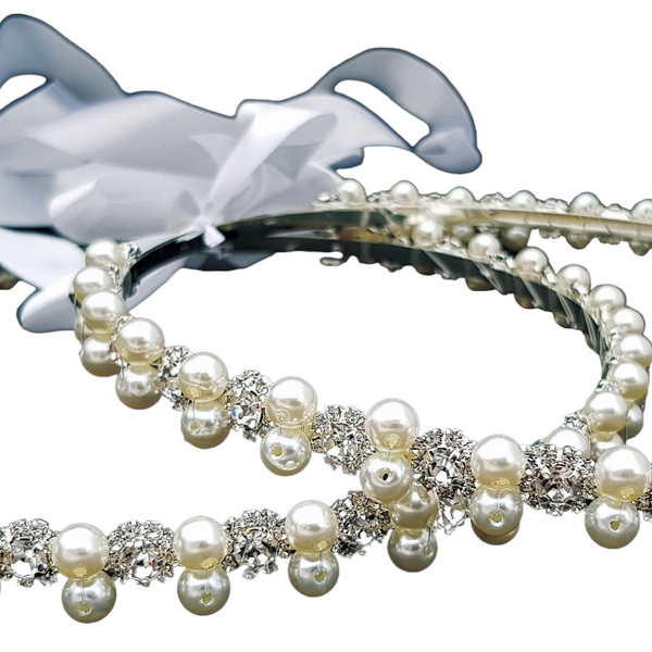 Set Orthodox Wedding Diamantes and pearls Stefana Crowns with Ribbons in White Satin Lined Box