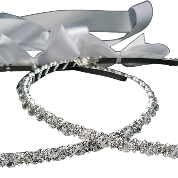 Set Orthodox Wedding Diamante RHINESTONES Stefana Crowns with Ribbons in White Satin Lined Box