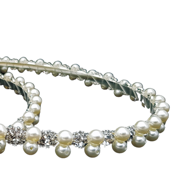 Set Orthodox Wedding Diamantes and pearls Stefana Crowns with Ribbons in White Satin Lined Box