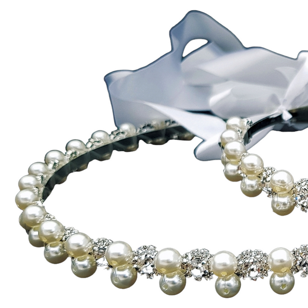 Set Orthodox Wedding Diamantes and pearls Stefana Crowns with Ribbons in White Satin Lined Box