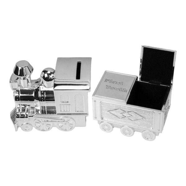 Shiny Silver Plated Money Box Train with First Tooth & First Curl Carriage Baby Keepsake