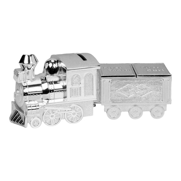 Shiny Silver Plated Money Box Train with First Tooth & First Curl Carriage Baby Keepsake