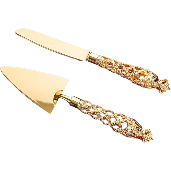 gold Wedding Bridal engagement Cake Server Knife Set stainless Steel blades with diamond filagree royal ornate handles Handle Gift Box