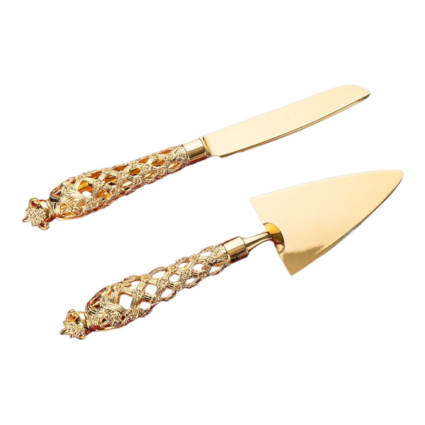 gold Wedding Bridal engagement Cake Server Knife Set stainless Steel blades with diamond filagree royal ornate handles Handle Gift Box